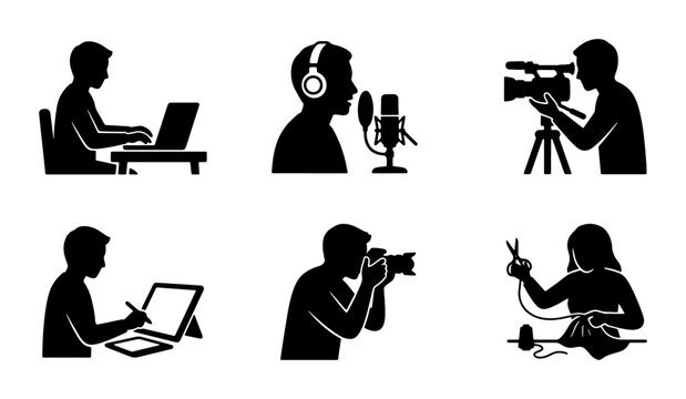 Creative Professions Icon Set: Digital Artist, Podcaster, Filmmaker, Photographer, Crafter, Coder - Vector Graphics for Media & Business