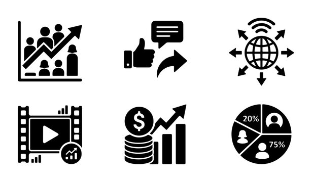 Business Growth Icons: Analytics, Social Media Engagement, Global Network, Video Marketing, Financial Success, Audience Segmentation