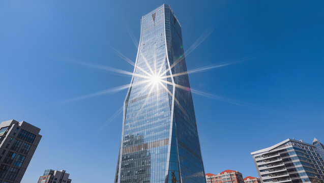 Sunburst on Modern Glass Skyscraper, Architectural Landmark in Cityscape