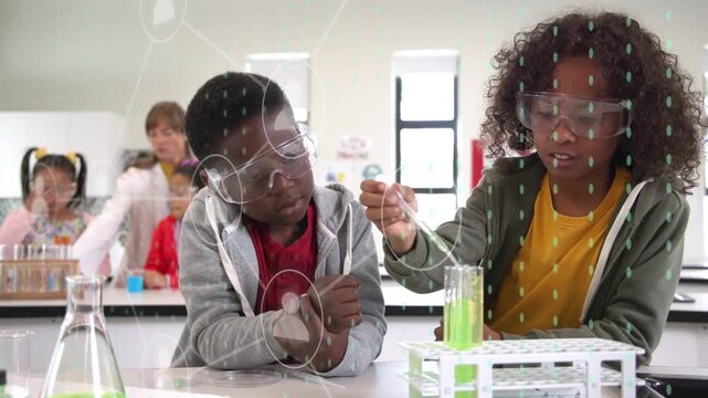Girl pulling pipette and pipetting green drops, guiding boy for lab as overlay appearing