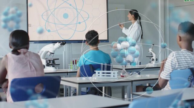 Teacher pointing to screen in science lab, 3D atom appearing, student raising hand clarifying