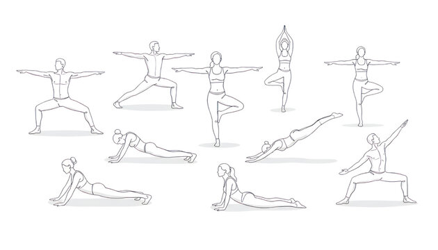 Minimalist yoga pose line art collection, set of 10 hand drawn yoga asanas, black and white outline sketches of people practicing yoga and pilates isolated PNG with Transparent Background