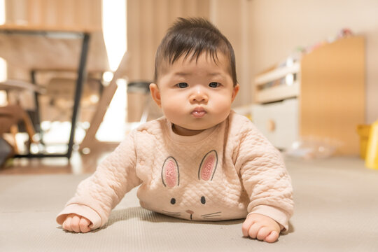 うつ伏せでカメラを見つめるうさぎ柄ロンパースの日本人の男の赤ちゃん