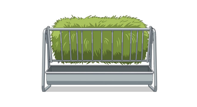 Metal Hay Feeder Rack with Green Fodder and Trough for Livestock Feeding Illustration