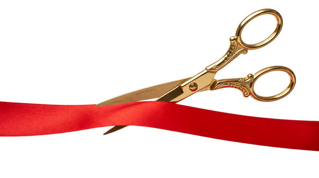 Golden Scissors Cutting Red Ribbon Isolated on Transparent Background
