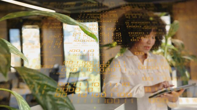 Camera pulling focus from plants, woman tapping tablet, gold digits revealing business data