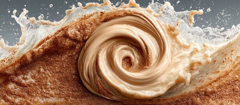 Close-up of spiraling brown, beige, and white liquids creating a dynamic splash. A swirling vortex of creamy deliciousness