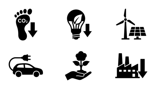 Eco-Friendly Icons: Carbon Footprint Reduction, Green Energy, Sustainable Transport, Renewable Power, Industry Impact, 6 Vector Elements for Environmental Awareness and Sustainability Campaigns