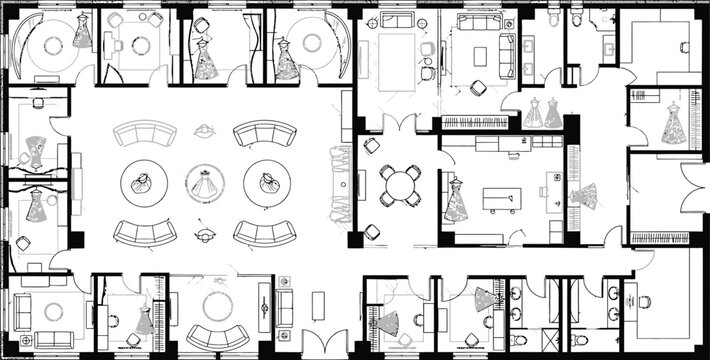 Architectural floor plan of a luxury bridal boutique, retail store interior layout with fitting rooms and wedding dress displays, commercial shop blueprint