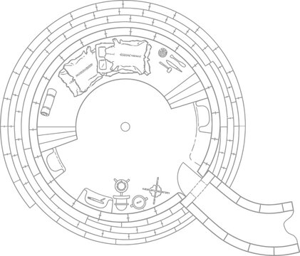 Igloo floor plan vector illustration, architectural top view of an ice house interior, arctic shelter blueprint with furniture and entrance tunnel