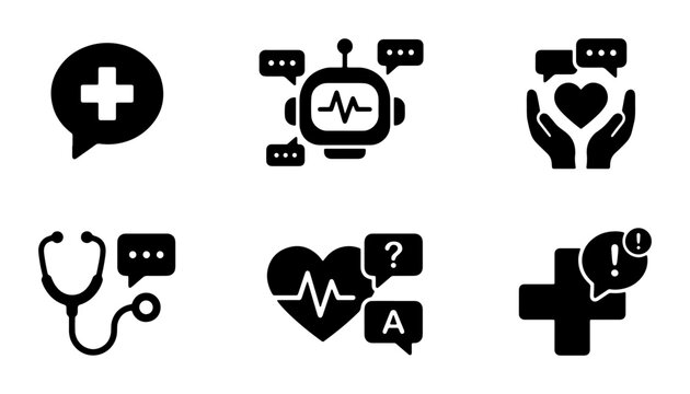 Healthcare AI Chatbot Icons, Medical Bot Support Set, Digital Health Assistance Vector Graphics, Communication Symbols