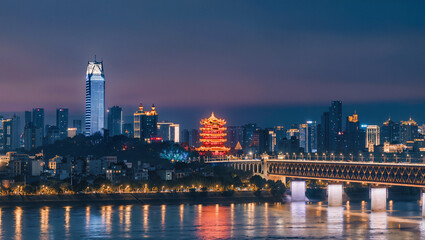 Obraz premium Vibrant Cityscape at Dusk: Modern Skyscrapers, Traditional Architecture, and Illuminated Bridge