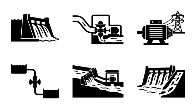 Hydroelectric Power Generation Icons, Renewable Energy Systems, Water Dam Infrastructure, Electrical Turbine Technology, Sustainable Power Solutions
