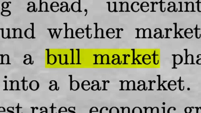 Bull market highlighted in newspaper article text for stock market and investing concept