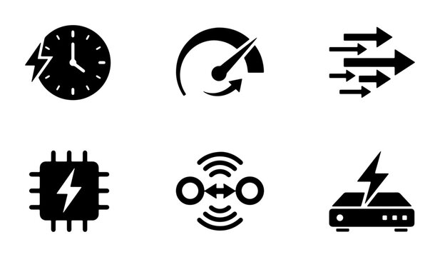 Speed and Performance Icons: Time, Speedometer, Arrows, CPU, Network, Router, Technology Vector Set