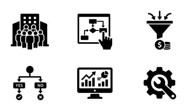 Business Process Icons Set: Workflow, Analytics, Team, Funnel, Decision Tree, Tools - Vector Graphics for Corporate Strategy and Operations