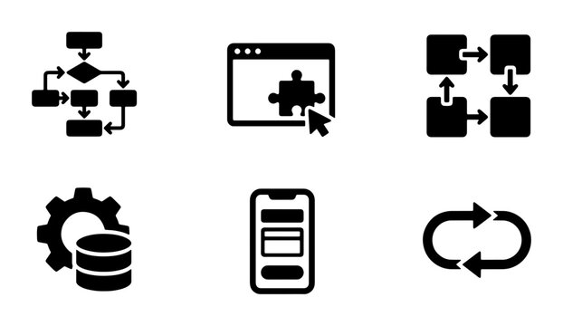 Process Flow Icons Set, Workflow Diagrams, System Logic, Algorithm Steps, Data Management, Software Development, UI UX Design Elements