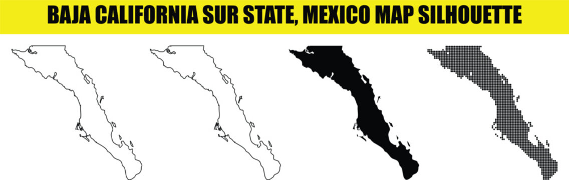 Baja California Sur state Mexico map silhouette white outline filled dotted vector.