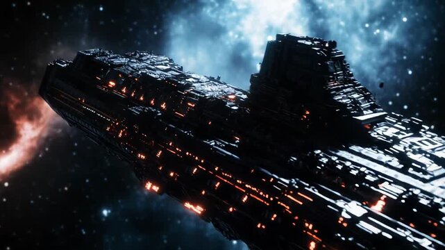 Futuristic cruiser navigating the dark expanse of the universe, featuring intricate details and vibrant orange glows across its structure, with a blue and red nebula in the background
