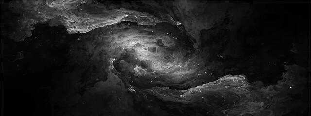 Monochrome cosmic nebula vector background, dark atmospheric outer space galaxy with swirling stardust and gas clouds, black and white celestial universe texture for sci-fi wallpaper. © Ateş