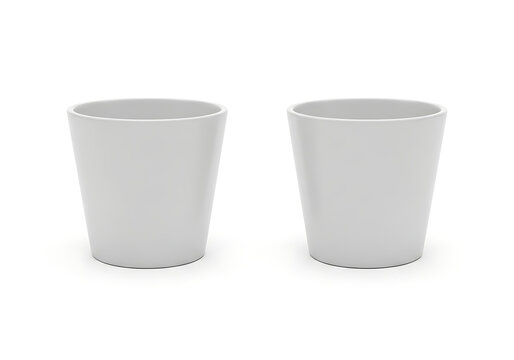 Two empty white ceramic flower pots with clean surfaces, ideal for gardening, home decoration, interior design elements