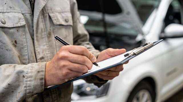 Professional auto mechanic writing on a clipboard with a car in the background at a garage.