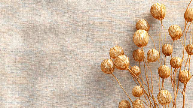 Dried flowers are light brown on a light background. Shadows and soft textures are visible.