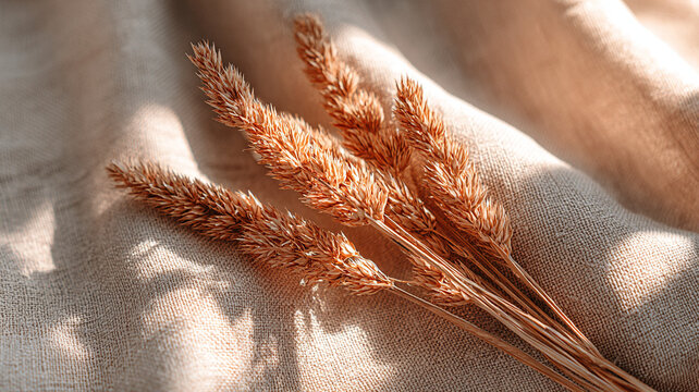 Dried flowers are light brown on a light background. Shadows and soft textures are visible.