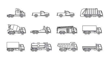 Vector Set of Various Truck Types, Line Art Illustrations © Denso