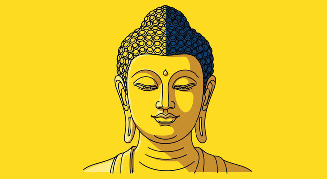 Buddha head illustration, serene expression, split color design, yellow background