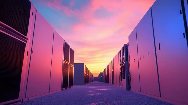 Data center server racks stand in rows, processing information and storing data for cloud computing and global internet networks under a vibrant, fading sky at dusk