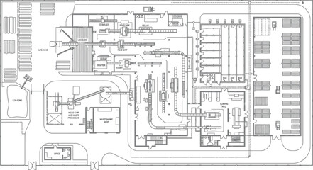 Industrial factory floor plan vector, technical manufacturing plant layout with machinery and warehouse, architectural engineering blueprint schematic © Insa Batool