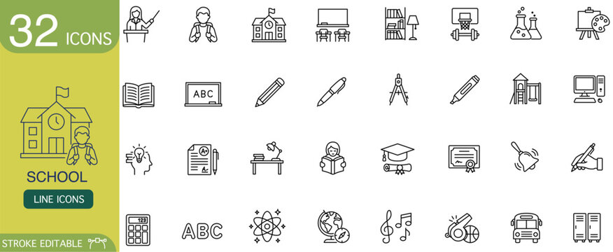 School education line icon icon set classroom teacher student learning collection of outline symbols for lesson book pencil science art music computer bus and playground