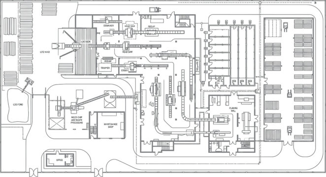 Industrial factory floor plan vector, technical manufacturing plant layout with machinery and warehouse, architectural engineering blueprint schematic