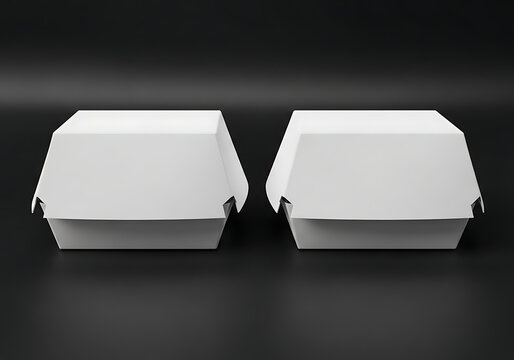 Two white blank burger boxes mockup on a dark black background, food packaging template for branding identity design