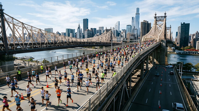 Marathon runners crossing queensboro bridge with new york city skyline background