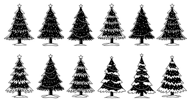 Trees hand drawn set with black and white line art style featuring nature, forest, illustration with sketch and design elements for Christmas,