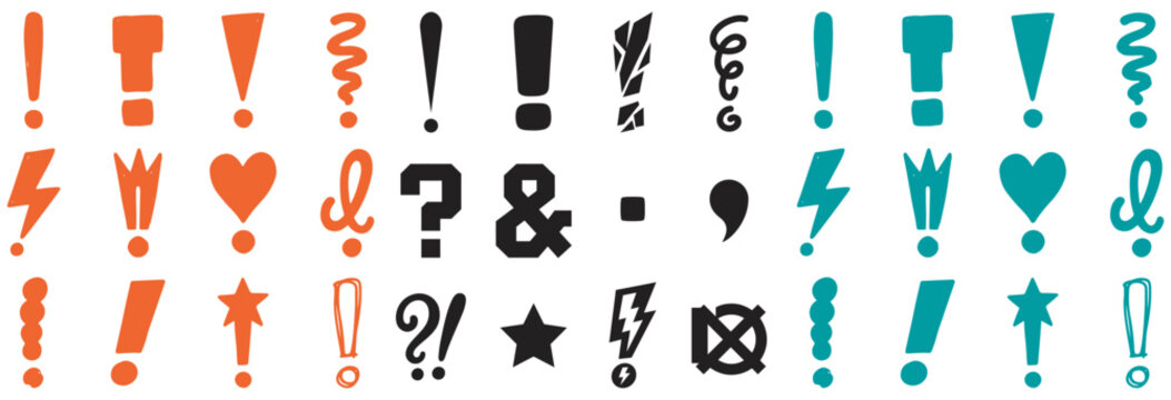 Hand drawn comic style punctuation marks and symbols set, expressive exclamation and question marks isolated on white background.