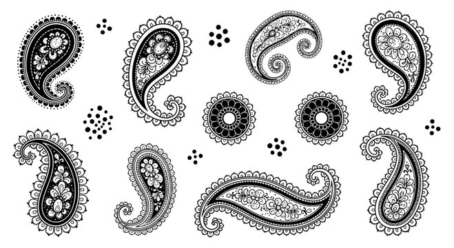 Paisley doodle pattern set with ornate swirls, dot accents, and decorative ornamental motifs for boho design backgrounds