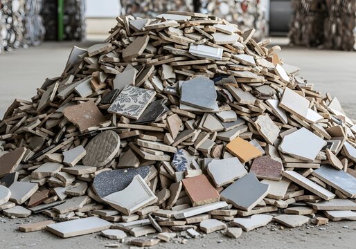 Pile of discarded broken ceramic tiles on a concrete floor representing construction waste and recycling