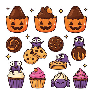 Cartoon purple monsters eating desserts.