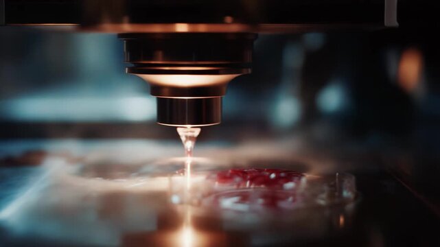 Bioprinting machine precisely dispensing biomaterial to build complex living tissue structures on a petri dish, advancing future medicine and regenerative science