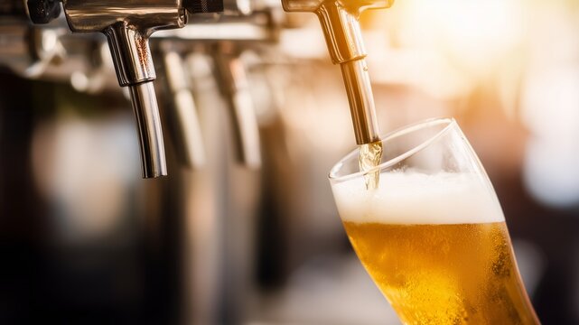 Close up of refreshing golden lager beer is poured from a professional metal tap into a clear glass creating thick white foam during a busy evening at pub indoors