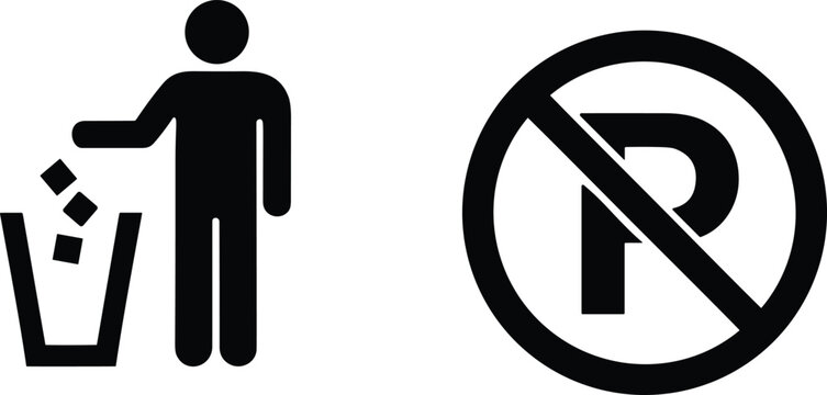 Waste disposal icon with person throwing trash in bin and prohibition sign forbidding bottle littering for cleanliness awareness