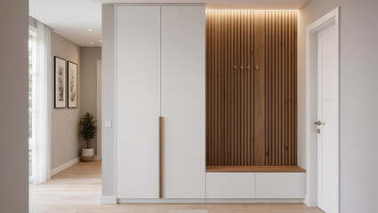 Fototapeta premium Modern Entryway Interior with White Wardrobe and Wooden Slat Accent Wall