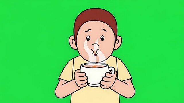 Sick Boy Drinking Hot Tea Cartoon
