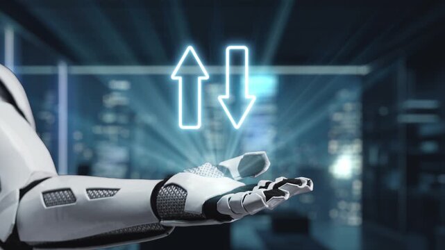 A modern robotic hand showcases glowing digital graphs indicating enhancement in quality and decrease in cost, symbolizing innovation and efficiency in technology industries. Auvana
