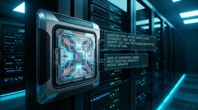 High-performance quantum processor active on a server rack, 1024 qubits post-quantum cryptography concept, futuristic data center infrastructure, wide-angle 