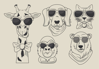 Cute animal vector icon set with lion elephant monkey bird fish cat dog deer fox whale dolphin in flat style © SAMSUDDIN