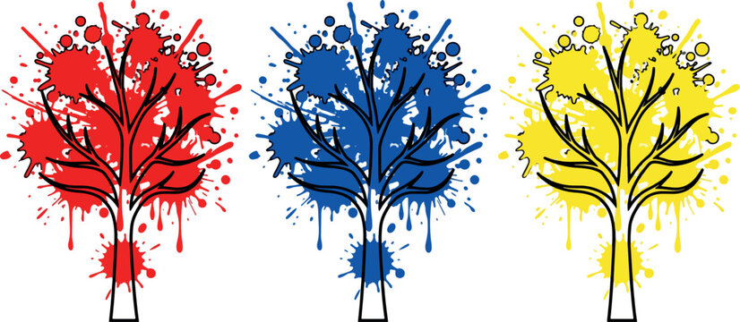 Artistic paint splash tree silhouettes in red blue and yellow colors with ink splatter effects for creative design elements.
